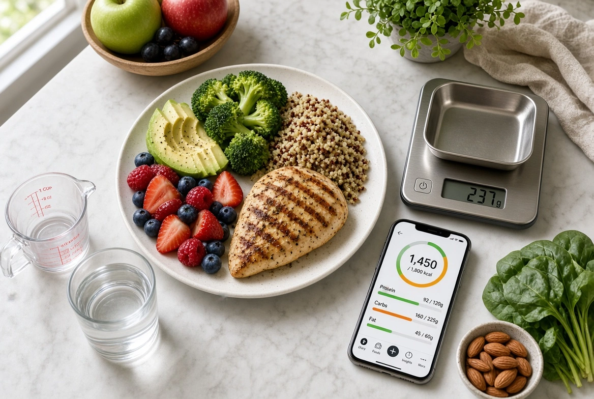 Kjøkkenbenk med en tallerken grillet kylling, brokkoli, quinoa, avokado og bær, ved siden av en digital kjøkkenvekt og en mobil som viser en kaloriteller med dagens inntak og fordeling av protein, karbohydrater og fett